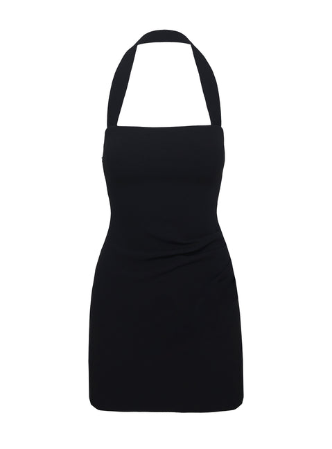 side view of model wearing Princess Polly Haltshell Mini Dress Black Square Neck 