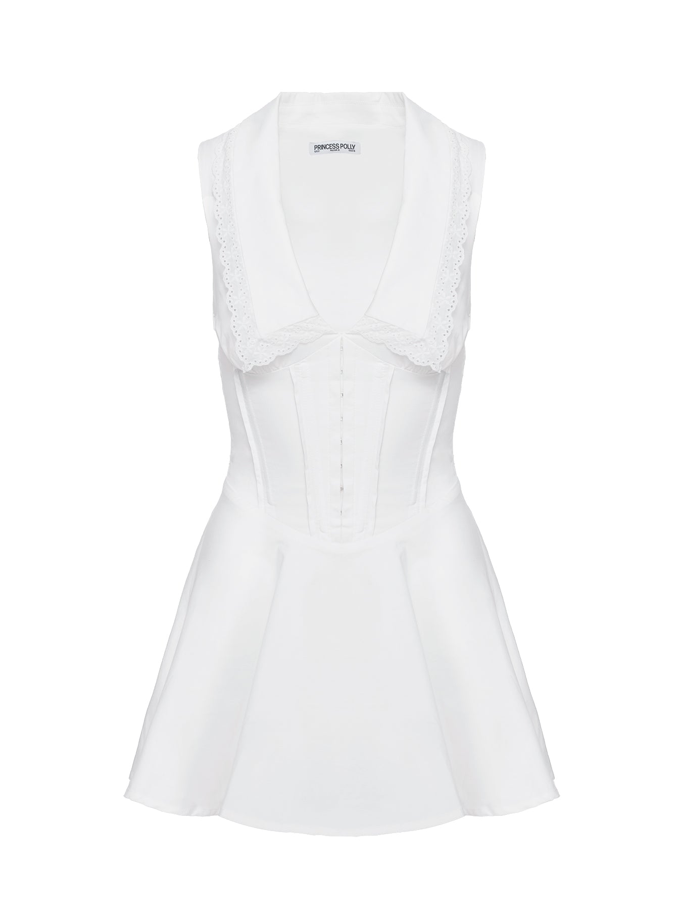 side view of model wearing Princess Polly Haworth Mini Dress White V-Neck 