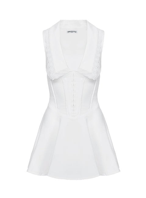 side view of model wearing Princess Polly Haworth Mini Dress White V-Neck 
