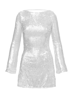 side view of model wearing Princess Polly Interstella Sequin Long Sleeve Mini Dress White Boat Neck 