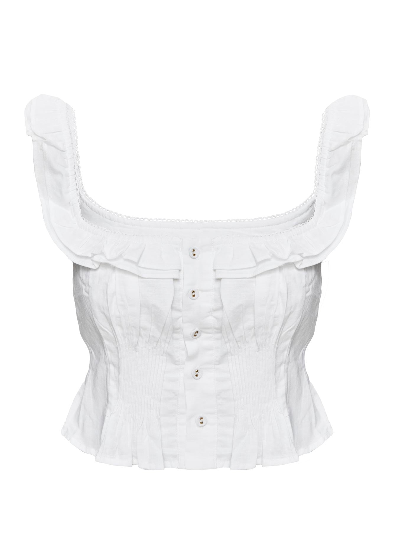 side view of model wearing Princess Polly Isadoria Frill Top White Curve Sleeveless Scoop Neck 