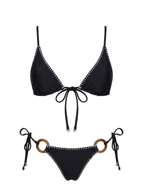 In The Sand Tie Front Ring Detail Bikini Top Black