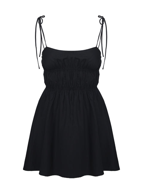 back view of model wearing Princess Polly Jacksonne Mini Dress Black Square Neck 