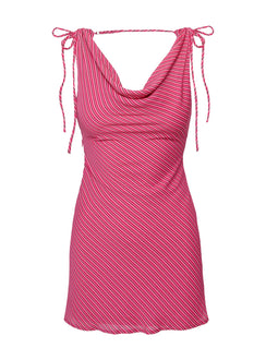 side view of model wearing Princess Polly Jasmi Mini Dress Pink Cowl Neck 