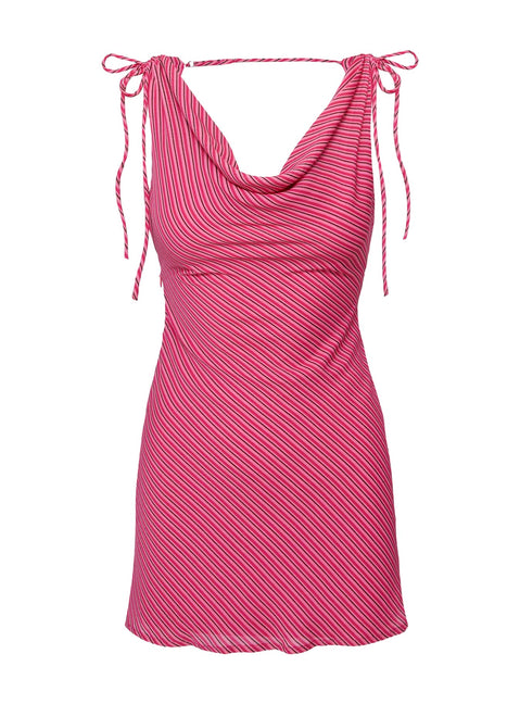 side view of model wearing Princess Polly Jasmi Mini Dress Pink Cowl Neck 