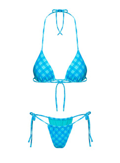 Jenner Tie Side Ruched Bikini Bottom Blue Check