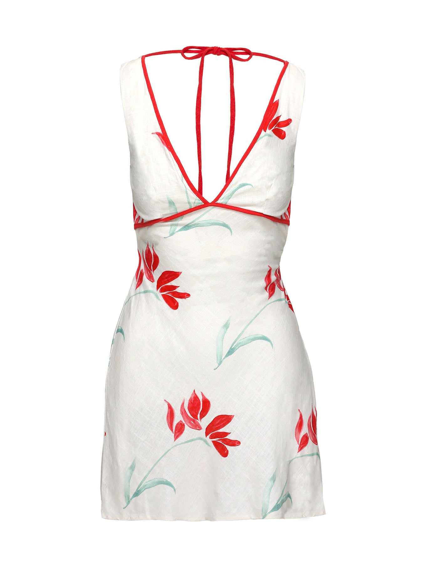 back view of model wearing Princess Polly Juli Mini Dress Floral Petite Plunger 