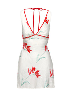 back view of model wearing Princess Polly Juli Mini Dress Floral Petite Plunger 