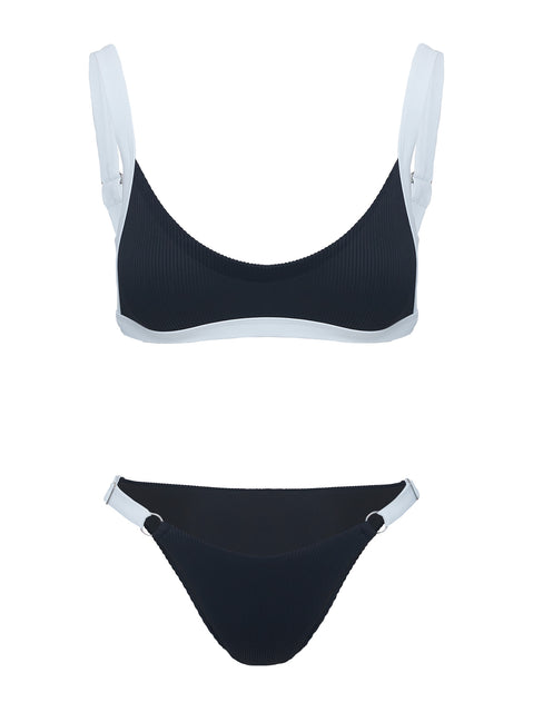 Black and white ribbed bikini bottoms High cut leg, cheeky bottom style, adjustable sides