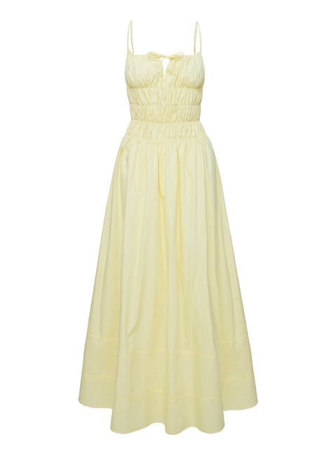 back view of model wearing Princess Polly Loralei Shirred Maxi Dress Yellow Square Neck 