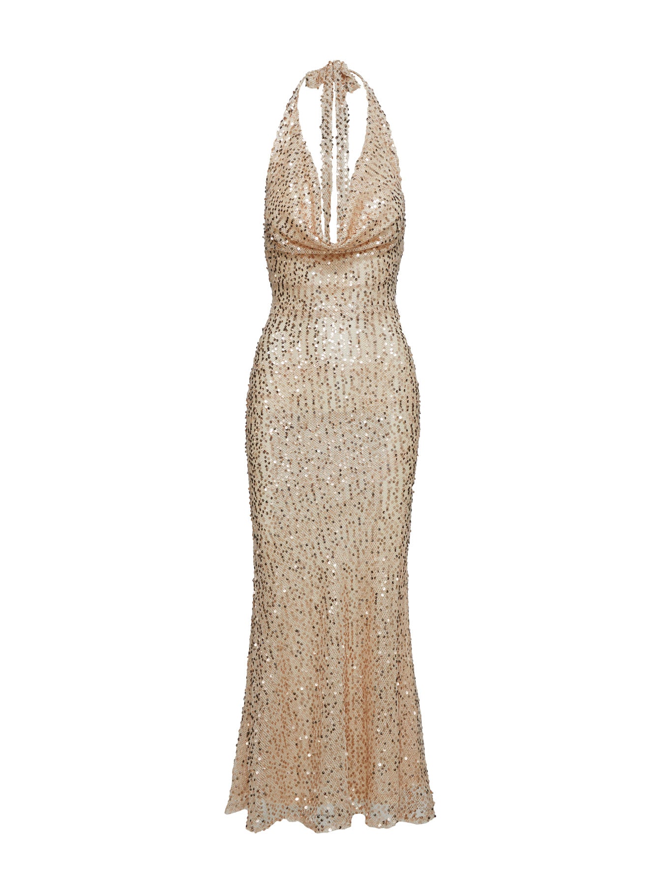 front view of model wearing Princess Polly Luxurious Cowl Neck Sequin Maxi Dress Champagne Cowl Neck 