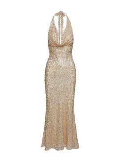 front view of model wearing Princess Polly Luxurious Cowl Neck Sequin Maxi Dress Champagne Cowl Neck 