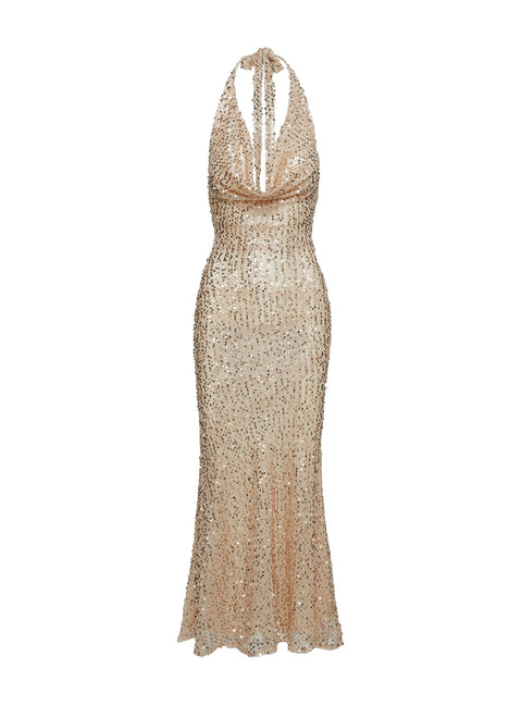 front view of model wearing Princess Polly Luxurious Cowl Neck Sequin Maxi Dress Champagne Cowl Neck 