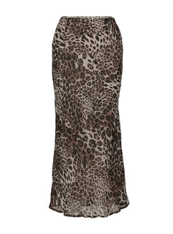   side view of model wearing Princess Polly Manda Maxi Skirt Leopard Maxi 