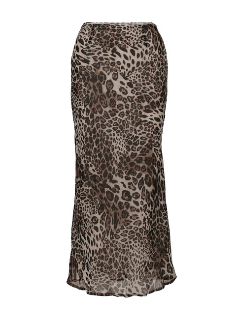   side view of model wearing Princess Polly Manda Maxi Skirt Leopard Maxi 