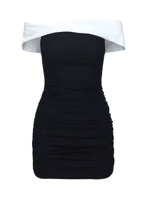 back view of model wearing Princess Polly Marcia Mini Dress Black / White Straight Neck 