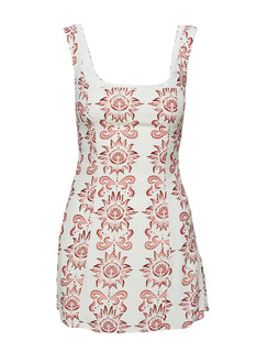 back view of model wearing Princess Polly Maris Mini Dress Cream / Pink Square Neck 