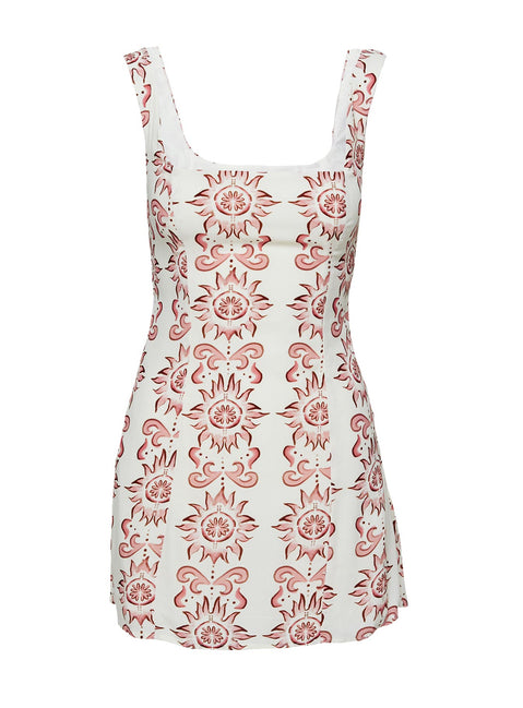 back view of model wearing Princess Polly Maris Mini Dress Cream / Pink Square Neck 