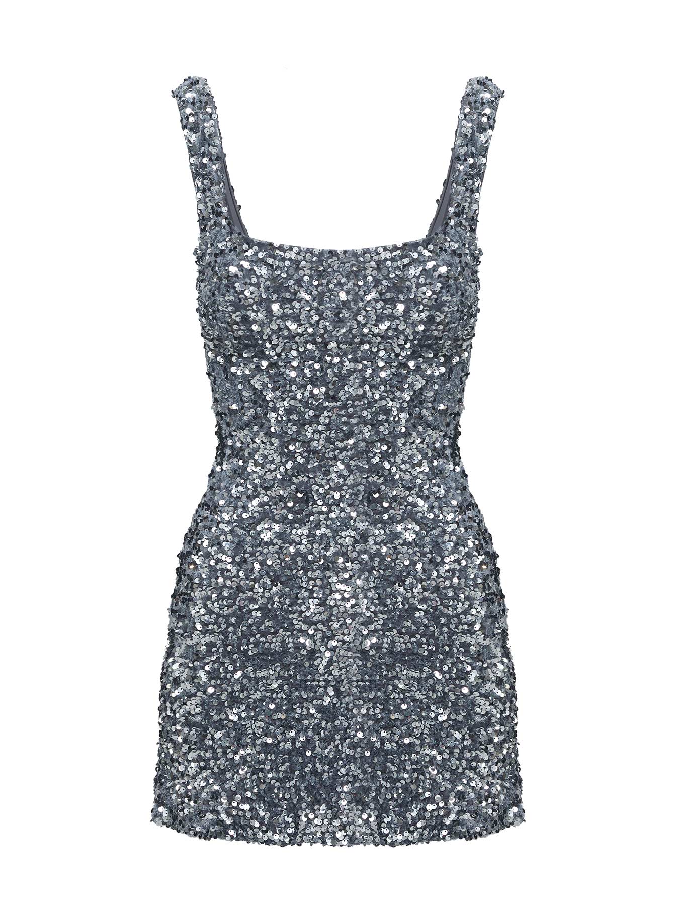 back view of model wearing Princess Polly Miss Me Sequin Mini Dress Silver Square Neck 