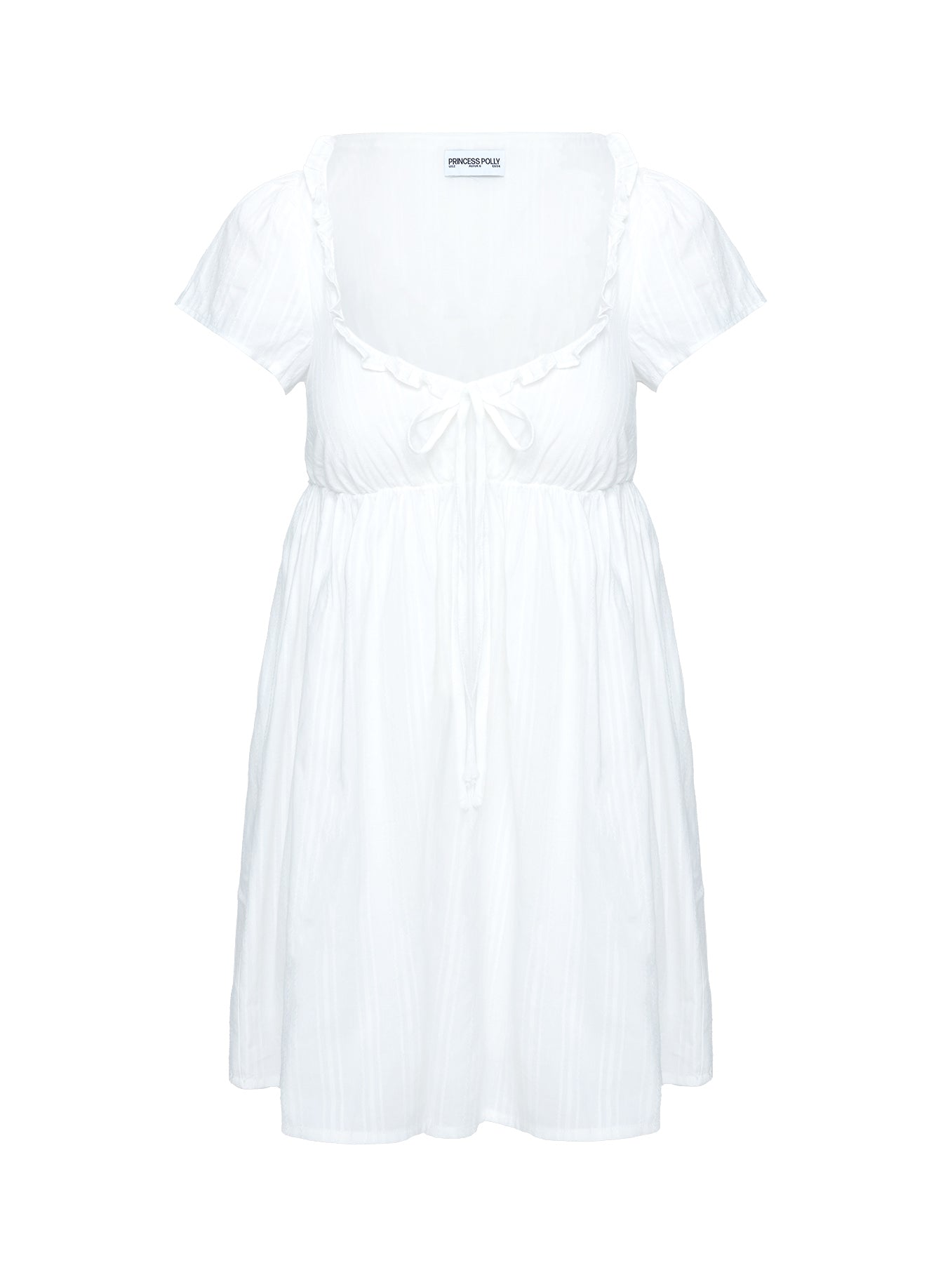 back view of model wearing Princess Polly Monsterrat Mini Dress White Sweetheart Neckline 