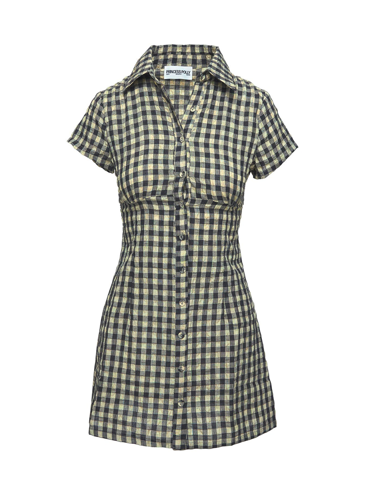 back view of model wearing Princess Polly Motley Mini Dress Brown Check Petite V-Neck 