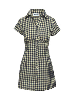 back view of model wearing Princess Polly Motley Mini Dress Brown Check Petite V-Neck 
