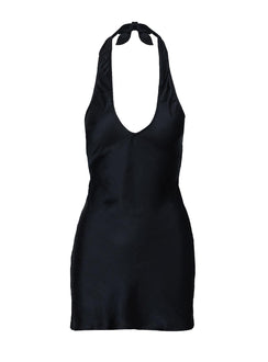 side view of model wearing Princess Polly Mysteria Halter Mini Dress Black Plunger 