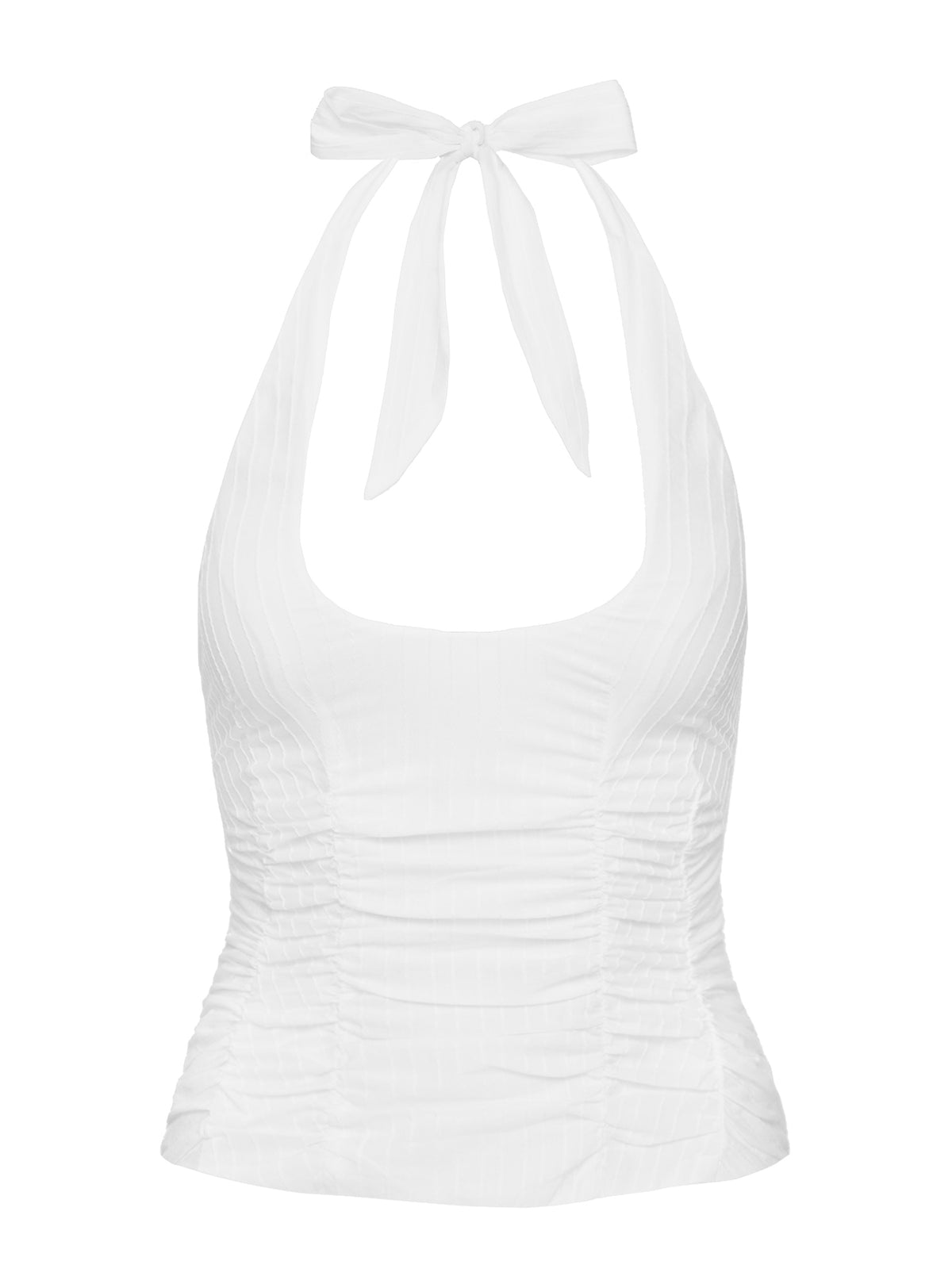 side view of model wearing Princess Polly Nataliya Halter Top White Sleeveless Scoop Neck 