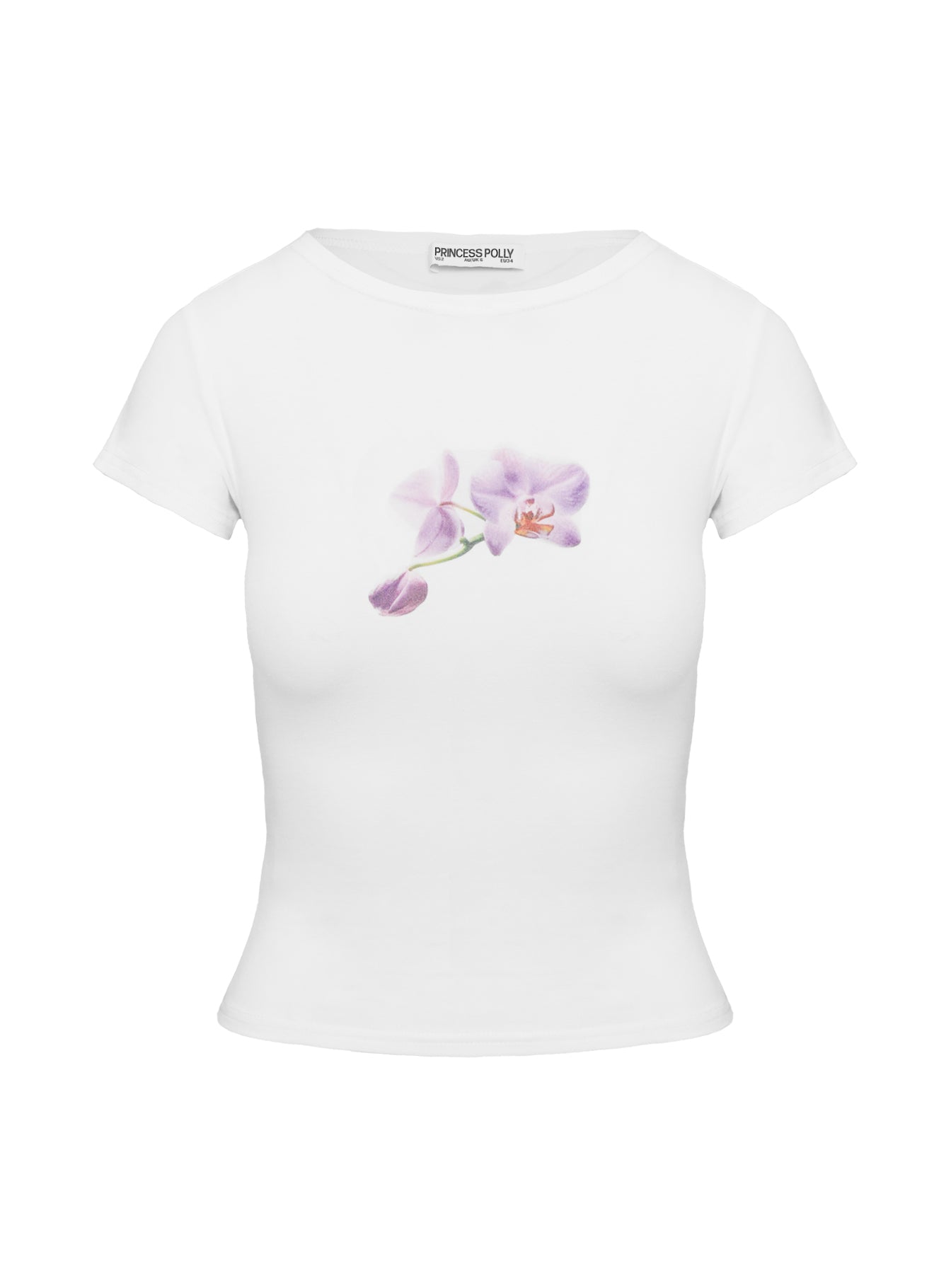 back view of model wearing Princess Polly New Light Graphic Top White Short Sleeves Crew Neck 