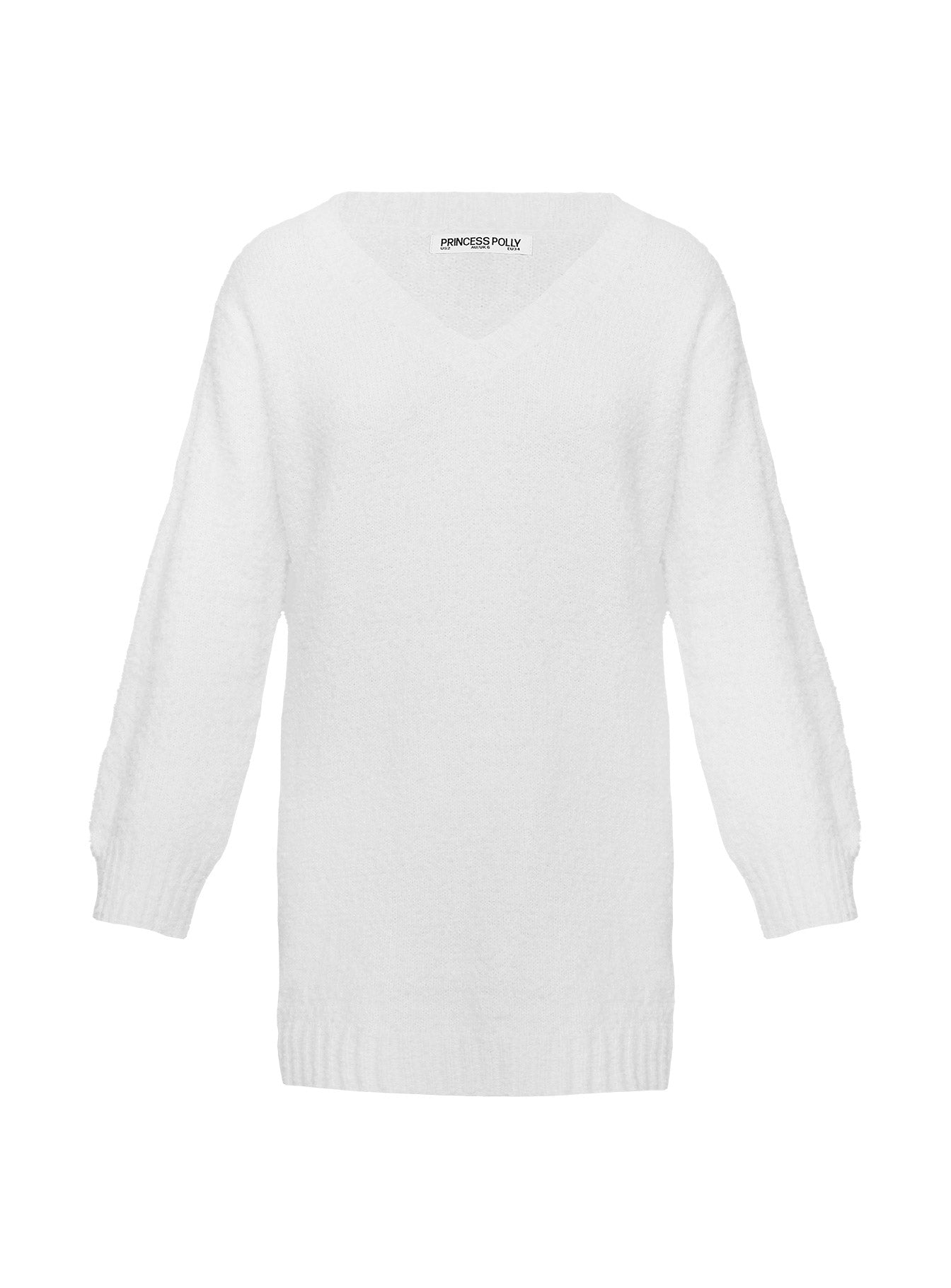 back view of model wearing Princess Polly Fine Line Long Sleeve Knit Mini Dress White V-Neck 