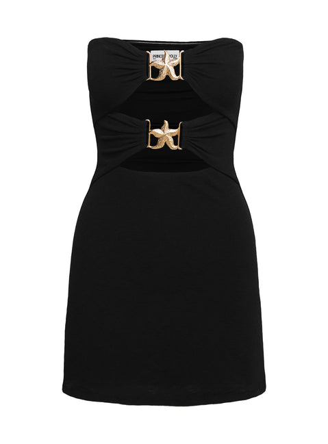 back view of model wearing Princess Polly Nika Strapless Mini Dress Black Sweetheart Neckline 