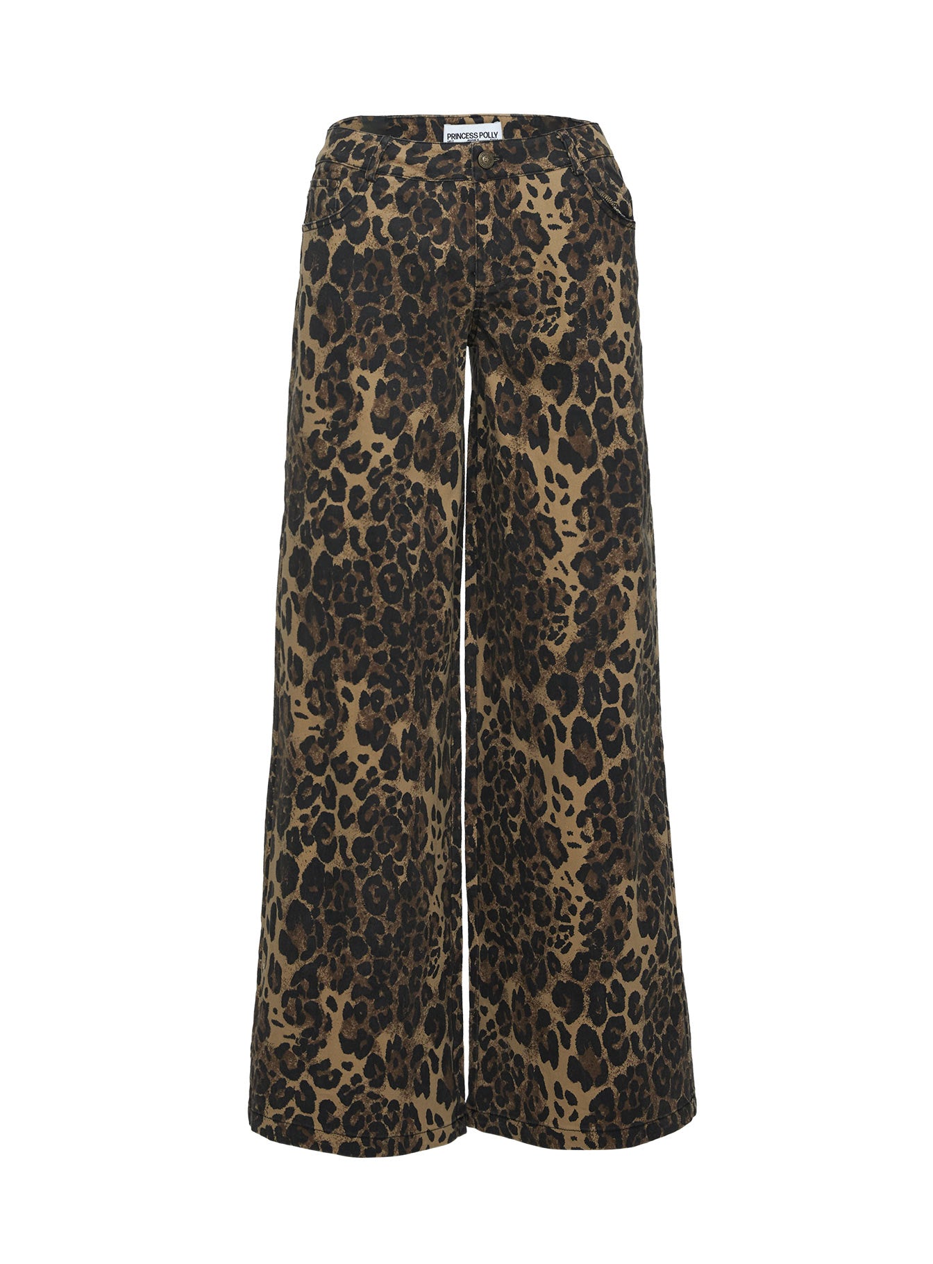 back view of model wearing Princess Polly Pantar Low Rise Pants Leopard Petite High Rise Pants Pants 