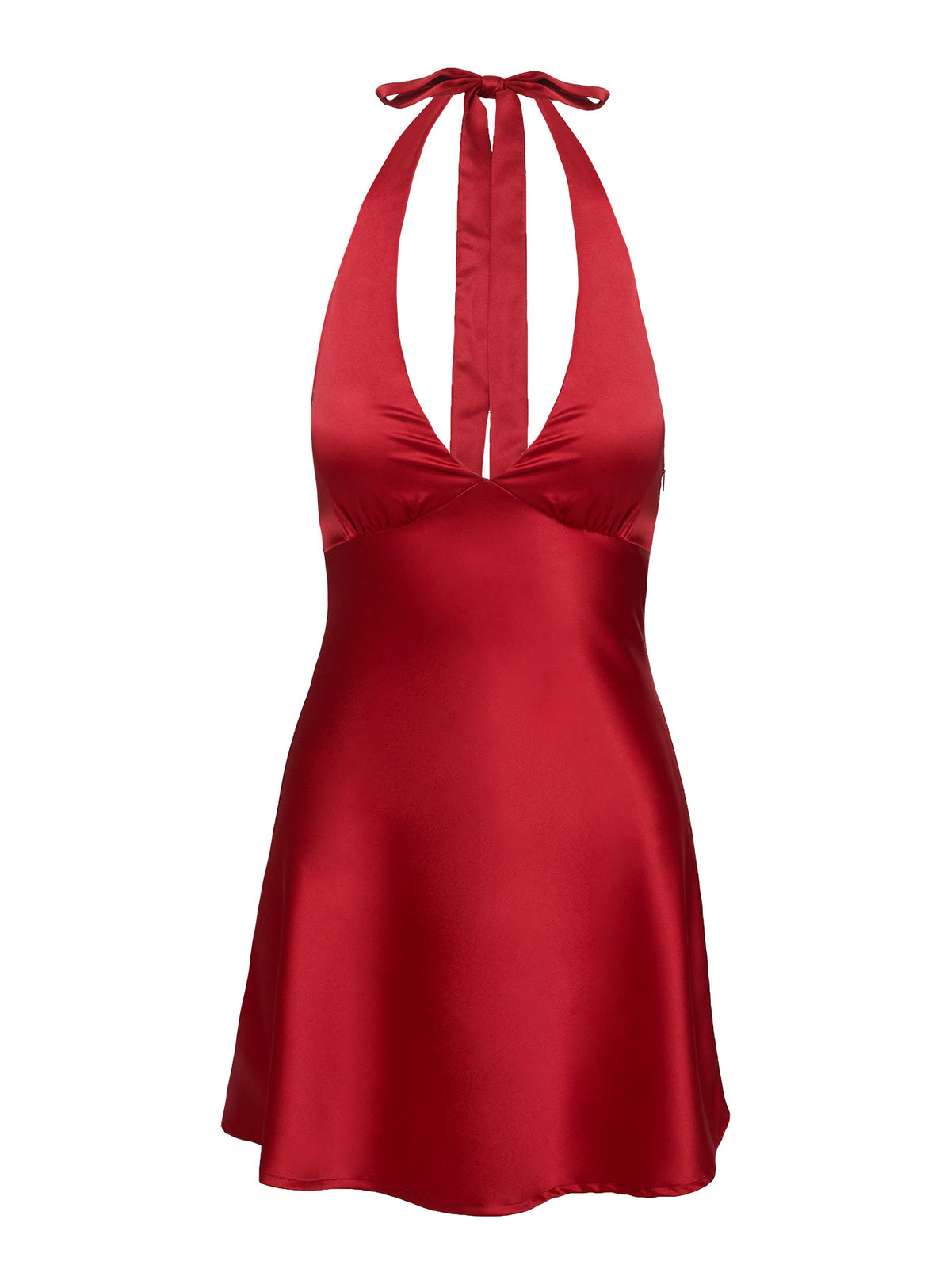 back view of model wearing Princess Polly Pelagia Halter Scarf Tie Mini Dress Red Petite Plunger 