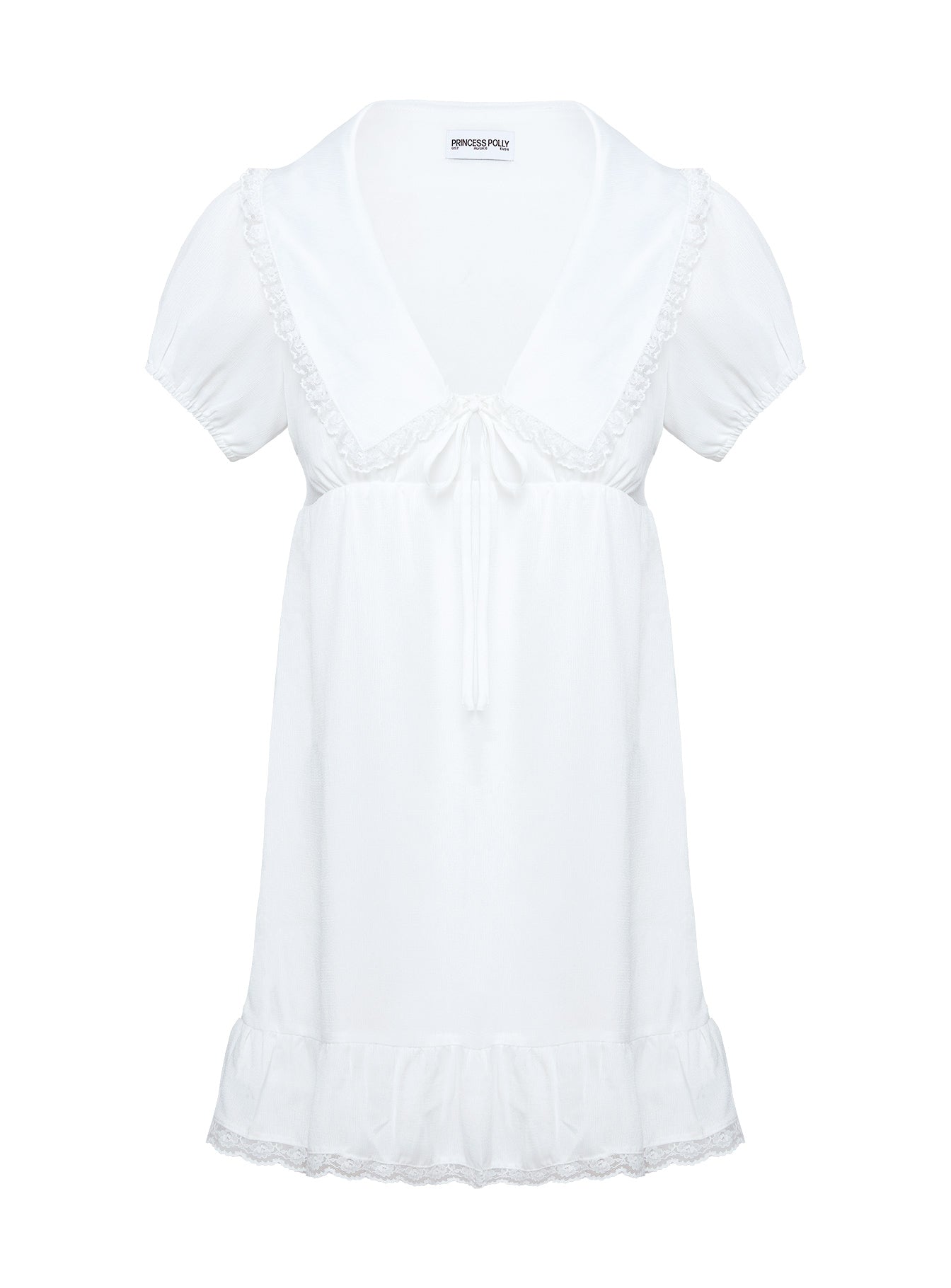 back view of model wearing Princess Polly Penelofie Mini Dress White V-Neck 