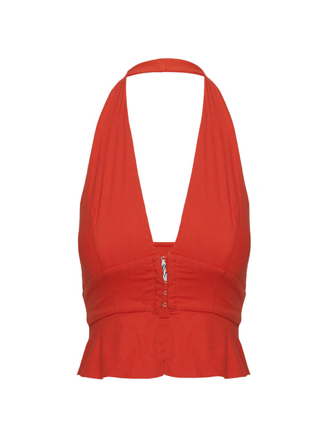 back view of model wearing Princess Polly Pleasing Top Red Sleeveless Plunger 