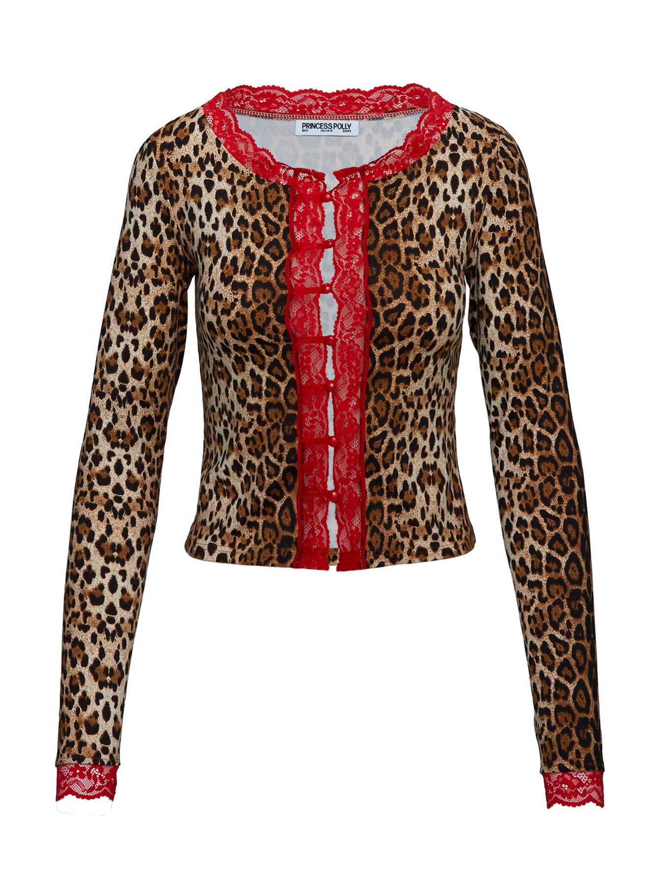 back view of model wearing Princess Polly Pour It Up Long Sleeve Button Detail Top Leopard Full Sleeves Crew Neck 