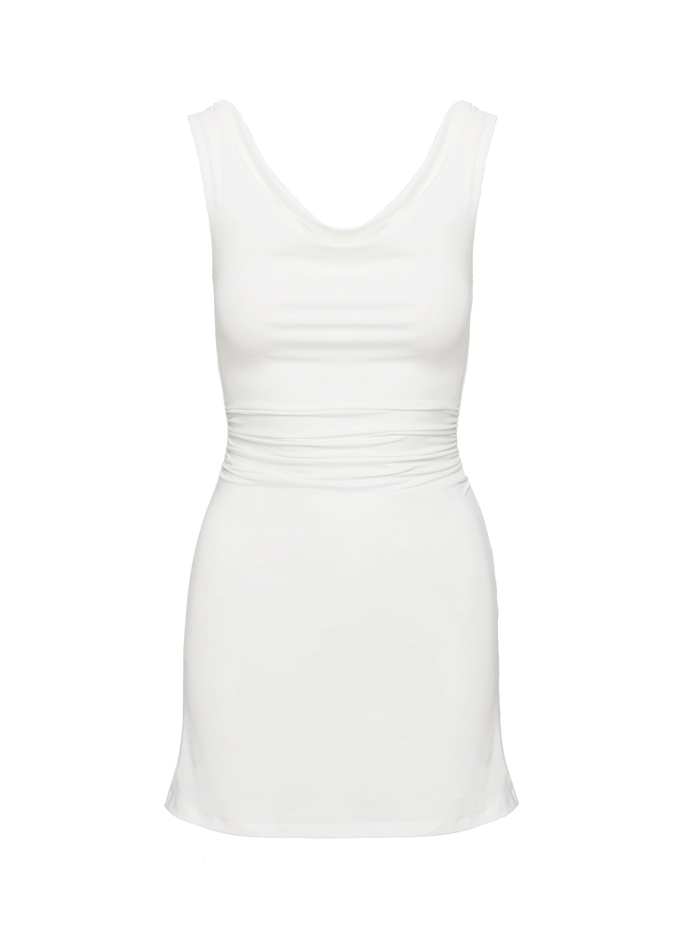 back view of model wearing Princess Polly Renault Mini Dress White Cowl Neck 