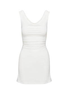 back view of model wearing Princess Polly Renault Mini Dress White Cowl Neck 
