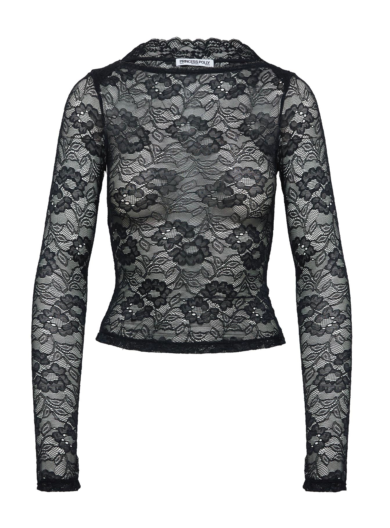 side view of model wearing Princess Polly Risque Long Sleeve Top Black Full Sleeves Boat Neck 