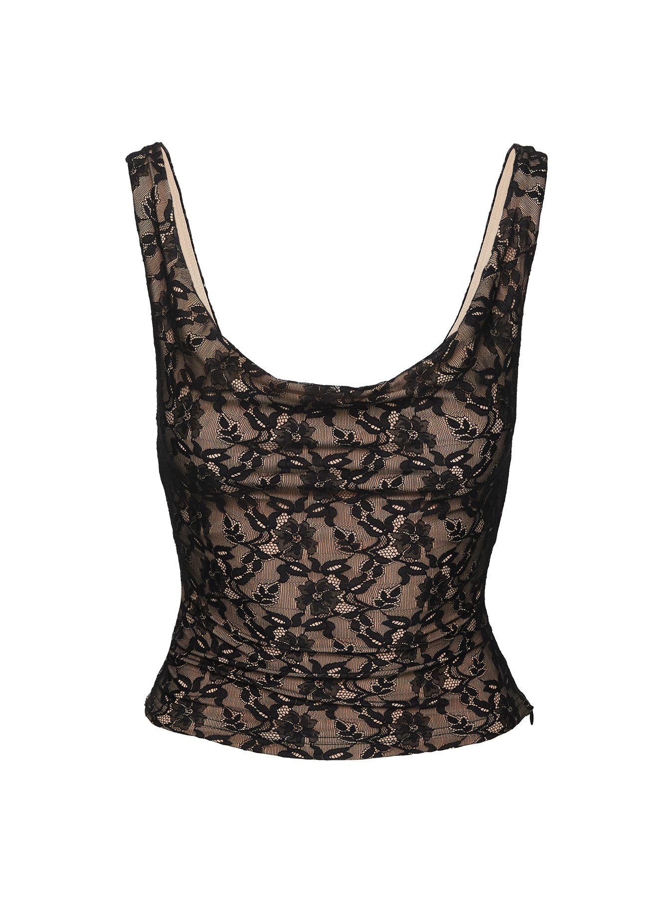 back view of model wearing Princess Polly Romani Lace Top Black Sleeveless Cowl 