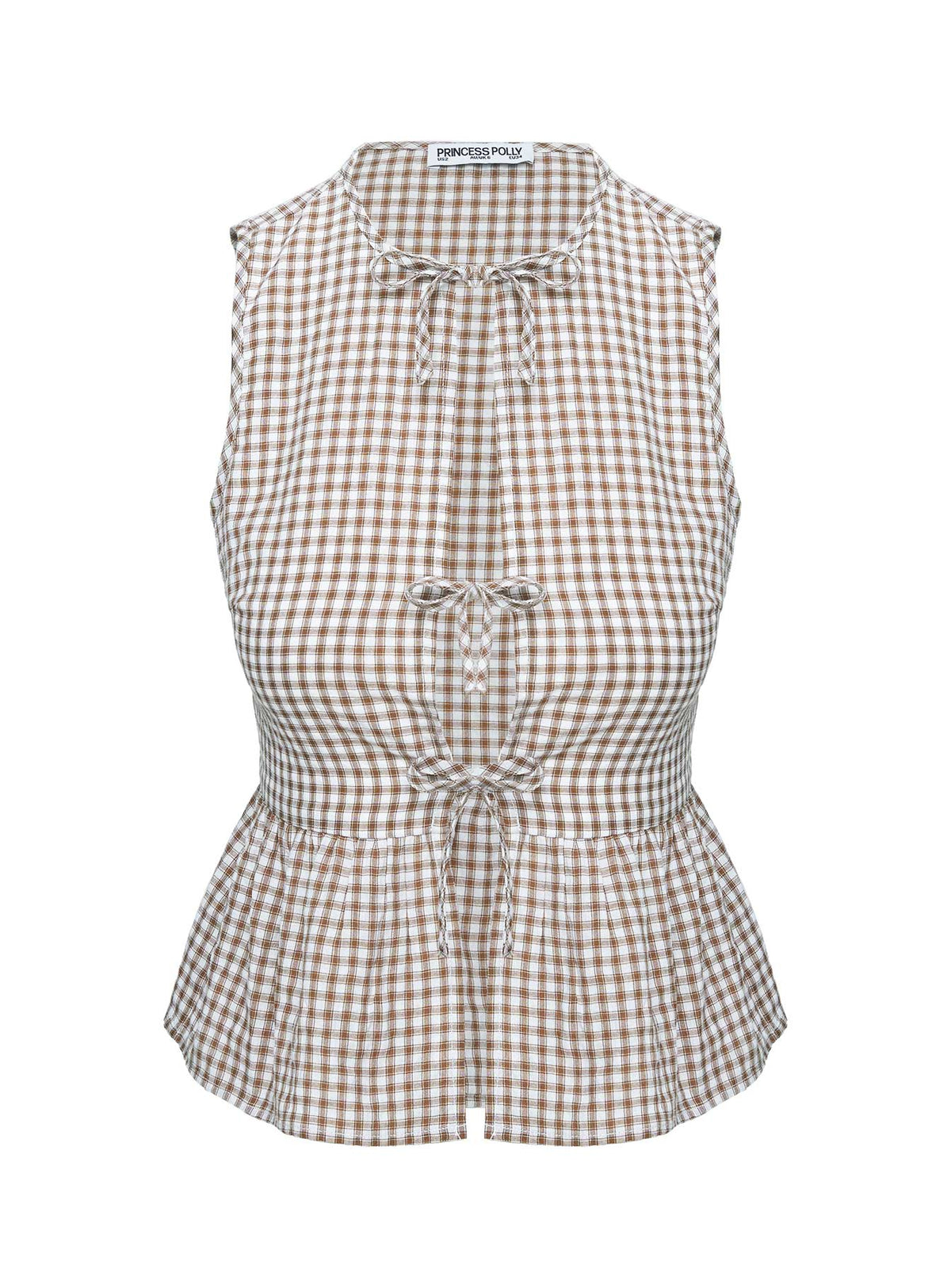 back view of model wearing Princess Polly Rosellah Tie Up Top Brown Check Sleeveless Crew Neck 