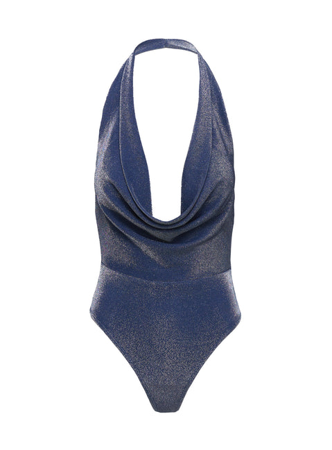 back view of model wearing Princess Polly Rumie Plunge Neck Bodysuit Blue Sleeveless 