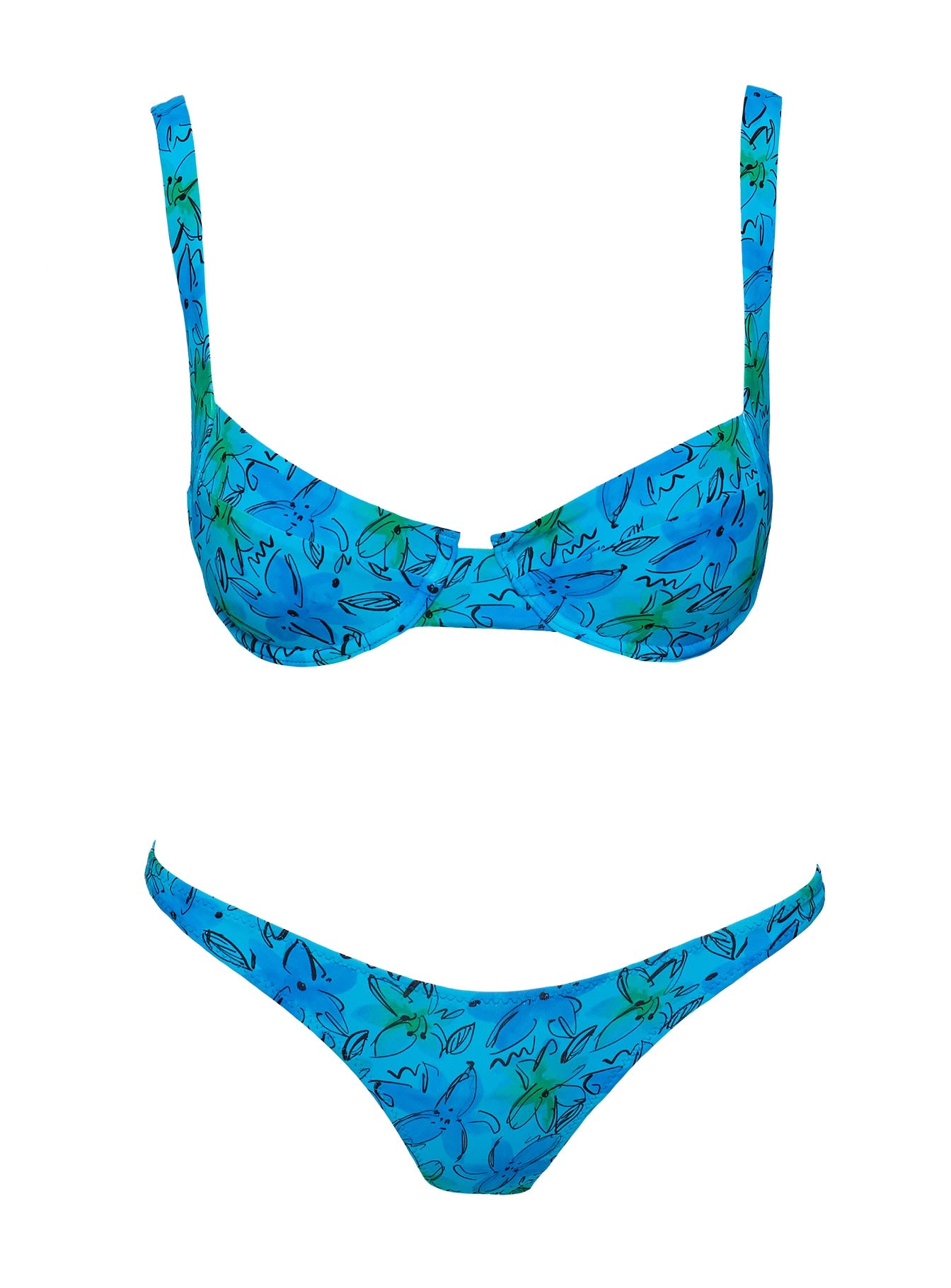 Blue floral Floral bikini bottoms Shiny material, high cut leg, cheeky cut bottoms