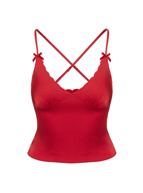 back view of model wearing Princess Polly Satina Top Red Sleeveless V-Neck 