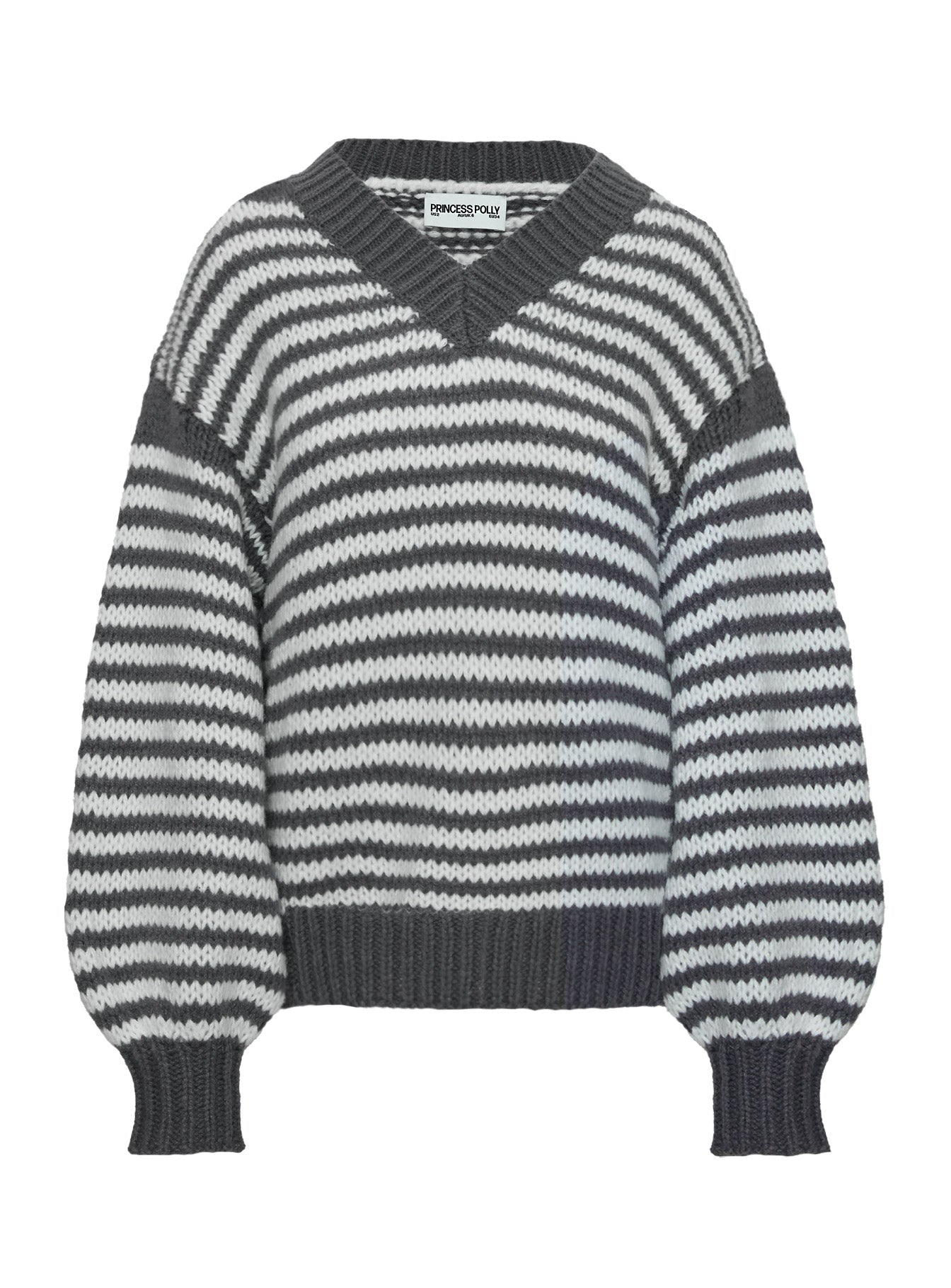 back view of model wearing Princess Polly Soloman Sweater Grey Stripe Long 