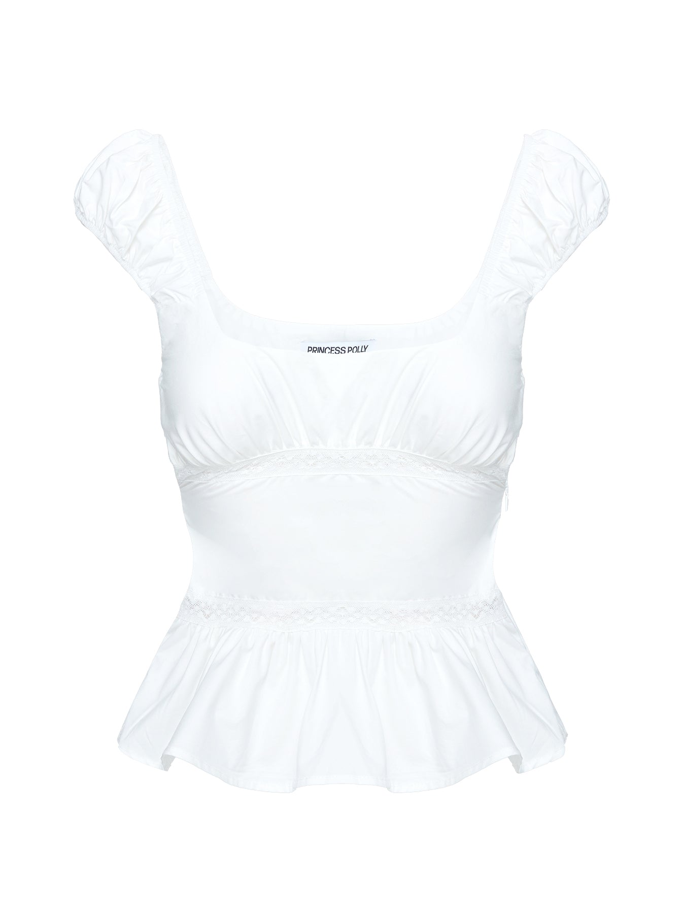 back view of model wearing Princess Polly Somi Top White Short Sleeves Square Neck 