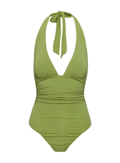 back view of model wearing Princess Polly Speakeasy Plunge Neck Bodysuit Green Sleeveless 