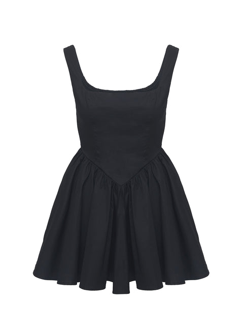 back view of model wearing Princess Polly Straplie Mini Dress Black Square Neck 