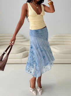 back view of model wearing Princess Polly Summer Rain Asymmetrical Midi Skirt Blue Midi Skirts Skirts 