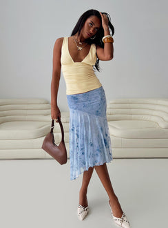   side view of model wearing Princess Polly Summer Rain Asymmetrical Midi Skirt Blue Midi Skirts Skirts 